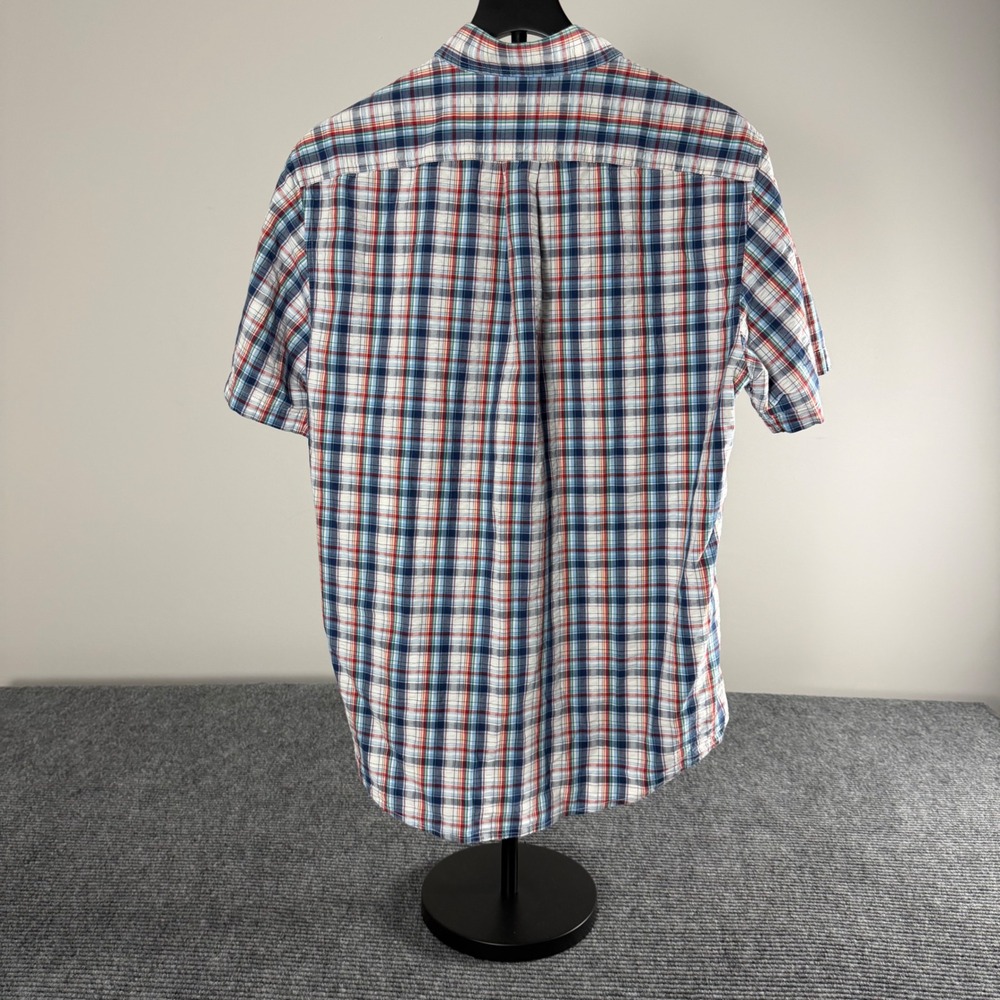 Lands End Mens Medium Blue Orange Plaid Seersucker Short Sleeve Button Down Shir - Picture 2 of 10